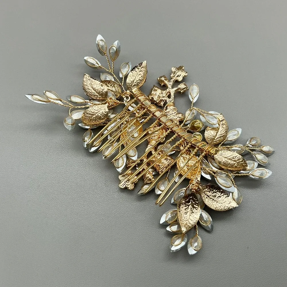 SWEETV Hair Comb Women Gold Tone Rhinestone Crystal Floral Bridal Wedding Access